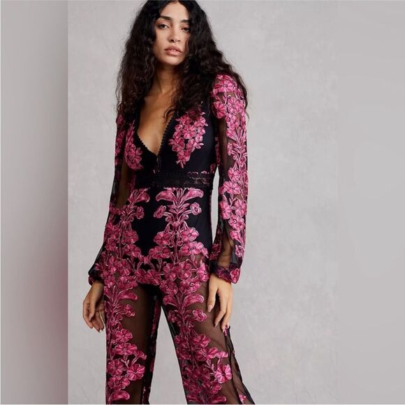 🍋 For Love & Lemons 🍋 Temecula Pink Black Floral Lace Embroidered Jumpsuit $398 - Picture 6 of 9